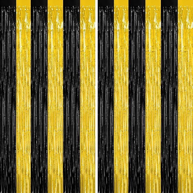 2 Pack Graduation Backdrop, 3.28 FT x 7.05 FT Black and Gold Foil Fringe Curtains, Metallic Foil Curtain Graduation Backdrop, Grad Party Supplies Black and Gold Party Decorations Class of 2025