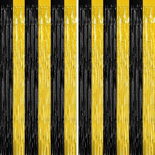 2 Pack Graduation Backdrop, 3.28 FT x 7.05 FT Black and Gold Foil Fringe Curtains, Metallic Foil Curtain Graduation Backdrop, Grad Party Supplies Black and Gold Party Decorations Class of 2025