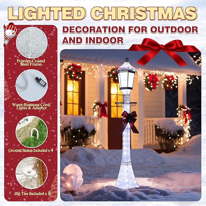 6FT Lighted Freestanding Lamp Post for Christmas Decoration, Pre-Lit Iridescent Post Lamp with 120 LED Lights & Removable Bow, Outdoor 3D Glittered Standing Festival Display, White