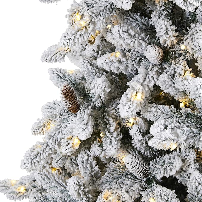 Nearly Natural 9ft. Flocked Livingston Fir Artificial Christmas Tree with Pine Cones and 650 Clear Warm LED Lights