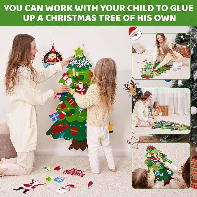 Onekka DIY Felt Christmas Tree for Toddlers with 32 pcs Detachable Ornaments+Snowman Advent Calendar, 3.2ft My First Christmas Tree, Xmas Gift for Kids with String Lights (Batteries Not Included)
