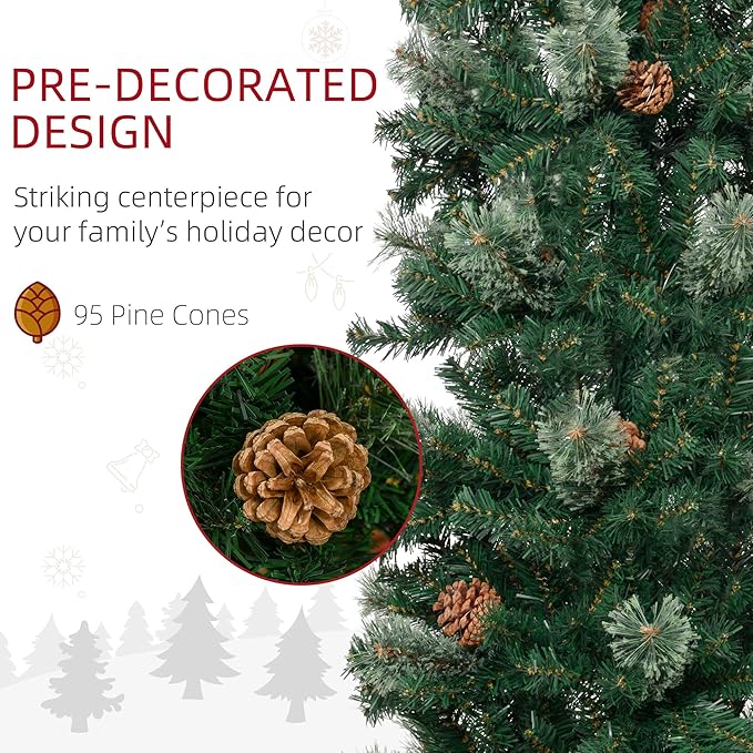 HOMCOM 9.5 Foot Pencil Artificial Christmas Tree, Slim Pine Needles Xmas Tree with Realistic Branches, Pine Cones, Metal Base, Green