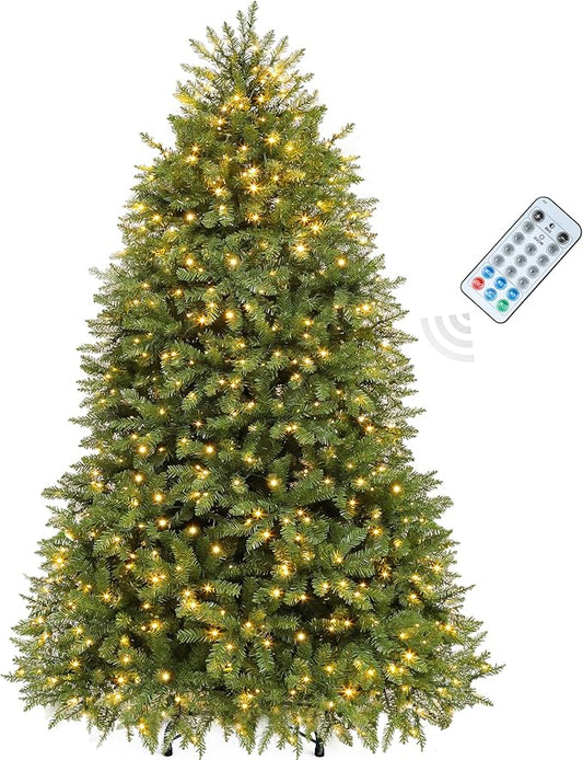 YITAHOME 7.5ft Prelit Green Artificial Christmas Tree with Remote Control, Pre-Lit Christmas Tree with Multicolor Lights and 11 Light-Modes, Green Bell