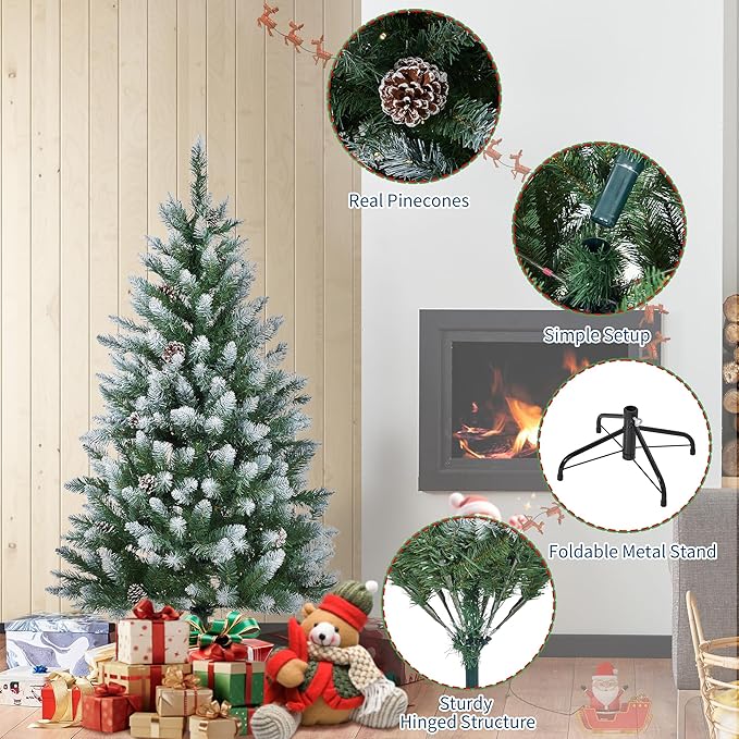 2025 Christmas Pre-Lit Pencil Tree 4.5FT with Lights, Automatic White Spray Artificial Xmas Tree with Pinecone, Decor for Christmas Holiday