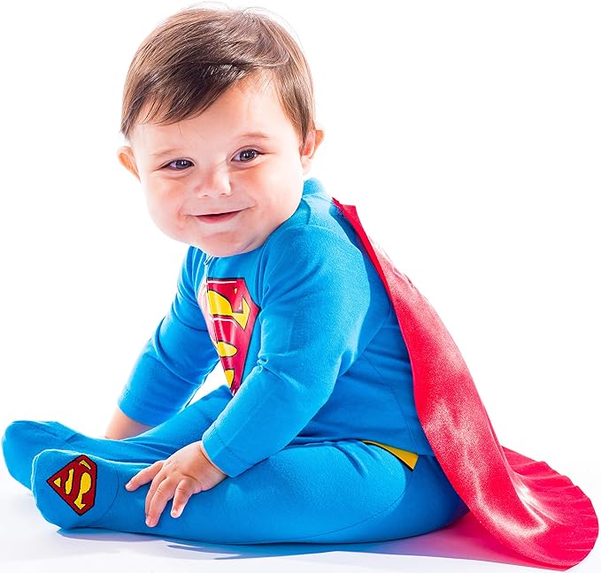 WARNER BROS. Justice League Batman Superman Lightweight Breathable Baby Zip Up Costume Coverall with Cape Newborn to Kid