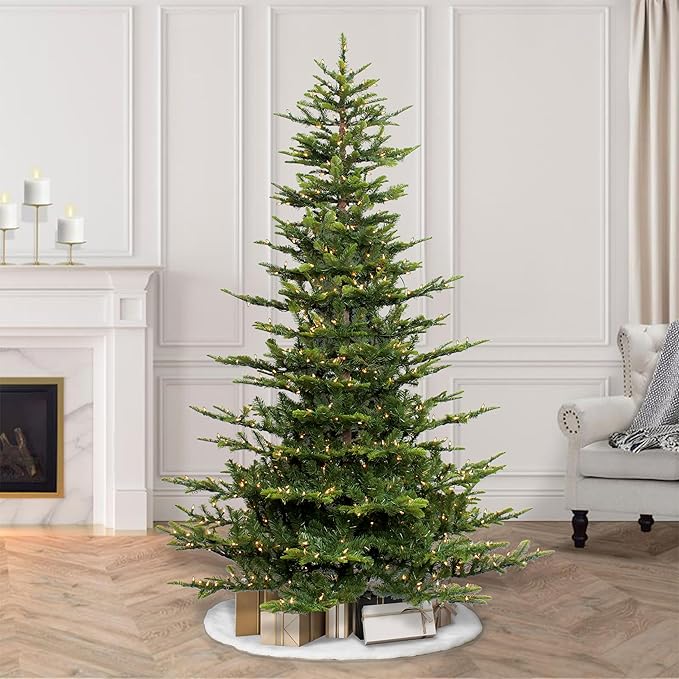 Puleo International 7.5ft Pre-Lit Aspen Fir Artificial Christmas Tree with 700 Clear Lights, 1319 Realistic Dense Branch Tips, Easy Setup Artificial Trees with Sturdy Metal Stand