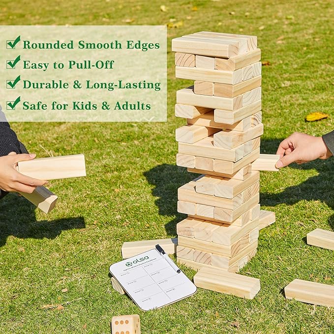 Olsa Giant Tumble Tower 60 PCS Wooden Block Stacking Games with Carrying Bag Classic Indoor & Outdoor Games for Kids Adults Family Backyard Lawn Beach Camping (Stack from 2.2 Ft to 5Ft)