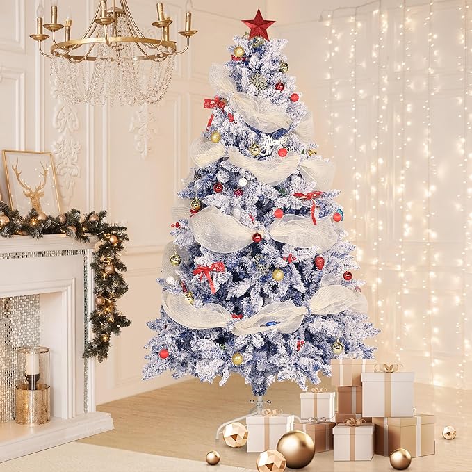 6FT Blue Premium Artificial Holiday Christmas Tree, Snow-Flocked Pine Tree with 1000+ Branch Tips, Metal Stand and Hinged Branches for Indoor and Outdoor