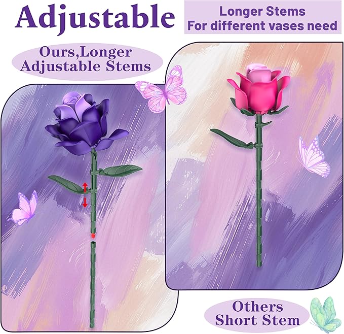 Purple Roses Flower Bouquet Building Sets, 834PCS Artificial Flowers Botanical Collection Compatible with Lego Flowers for Adults Gothic Decor, Gifts for Christmas Valentines Day
