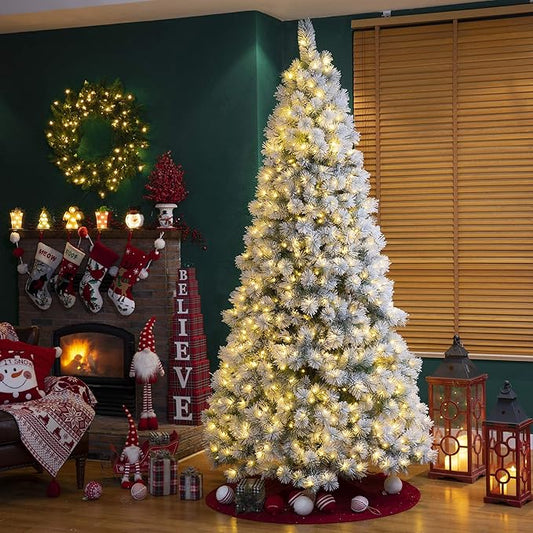 Glitzhome 9 ft Pre-Lit Christmas Tree with 900 Warm White LED Lights, 1030 Branch Tips and Easy Assembly Metal Stand, Artificial Snow Flocked Hinged Xmas Tree for Party Home Decoration