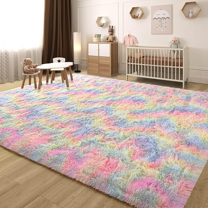 5x8 Rainbow Fluffy Rug for Girls Bedroom Soft Carpet, Large Unicorn Rainbow Rug Cute Shag Rugs for Living Room Classroom Baby Toddler Kids Girls Room Nursery Dorm, Colorful Kawaii Home Decor
