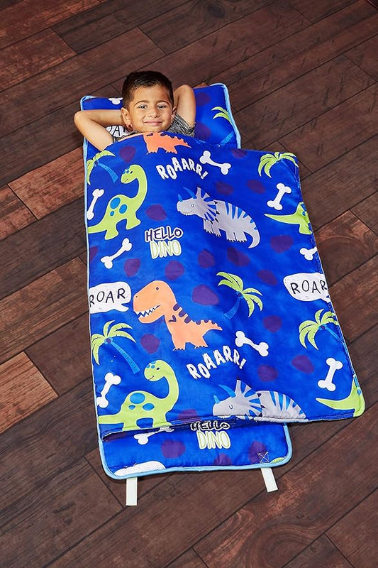 EVERYDAY KIDS Nap Mat with Removable Pillow - Roarin' Dinos - Carry Handle with Straps Closure, Rollup Design, Soft Microfiber for Preschool, Daycare, Travel Sleeping Bag - Ages 3-6 Years