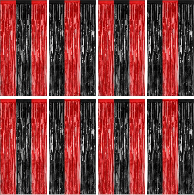 8 Pack Halloween Party Supplies, 3.28 FT x 7.05 FT Red and Black Foil Streamer, Metallic Fringe Curtains Tinsel Backdrop Party Streamer, Hanging Halloween Decorations Casino Party Decor