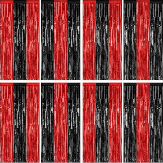 8 Pack Halloween Party Supplies, 3.28 FT x 7.05 FT Red and Black Foil Streamer, Metallic Fringe Curtains Tinsel Backdrop Party Streamer, Hanging Halloween Decorations Casino Party Decor