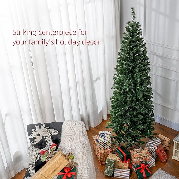 HOMCOM 6ft Pencil Christmas Tree, Unlit Artificial Christmas Tree Slim Douglas Fir Xmas Tree with Realistic Branches, Halloween Tree with 618 Tips, Green