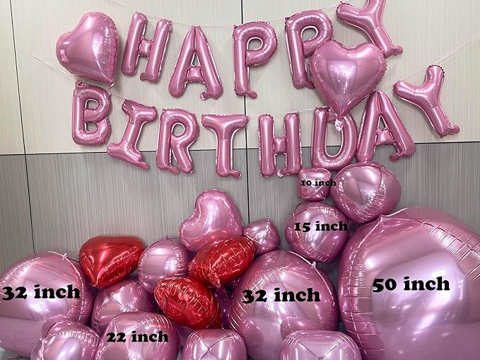 Pink Birthday Decorations with 16pcs Large 4D Foil Balloons in Different Size (10-50 Inch) + 6pcs 18" Heart Balloons + 16” Happy Birthday Banner for Indoor Outdoor Party Decorations (Pink)