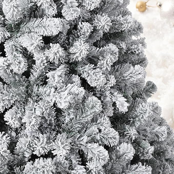 7.5FT Prelit Fluffy Snow Flocked Fraser Fir Artificial Christmas Tree with Warm White Lights, Hinged Branches, 1100 Tips, Artificial Christmas Tree Include Metal Stand for Holiday Home Decor