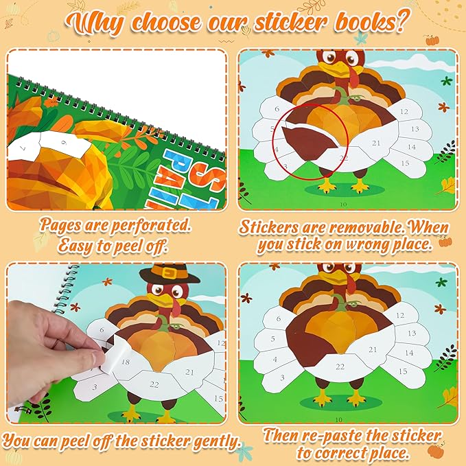 90shine 2PCS Thanksgiving Crafts for Kids Sticker Books Ages 4-8 Fall Turkey Pumpkin Harvest Designs Party Gift Create 22 Pictures