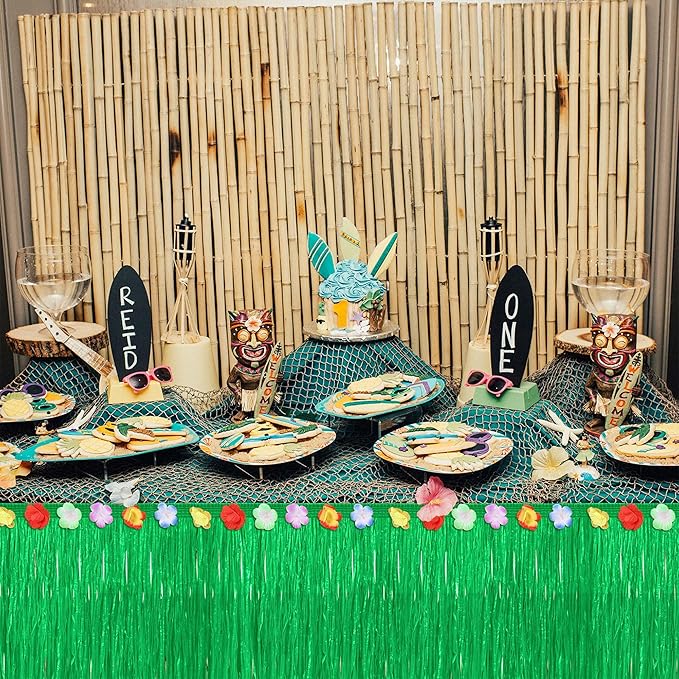 Fovths 2 Pack Luau Grass Table Skirt Natural 9 Feet x 29.5 Inch Hawaiian Table Skirt for Tropical Hawaiian Party Decorations Luau Party Costume Party, Green