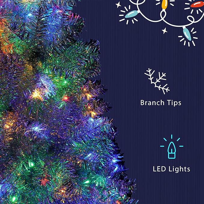 6FT Silver Pre-Lit Artificial Christmas Tree with Lights, Hinged Full Xmas Tree with 800 Branch Tips & 300 Multi-Color LED Lights, 11 Lighting Modes, Metal Stand, Indoor Outdoor Decorations