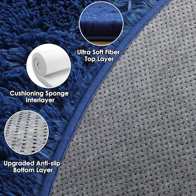 ONASAR Navy Blue Round Area Rugs 5ft, Soft Bedroom Circle Rug Floor Mat for Kids Girls Boys Teen Room, Fluffy Plush Shaggy Carpet for Baby Nursery Living Room Playroom Dorm Home Decor