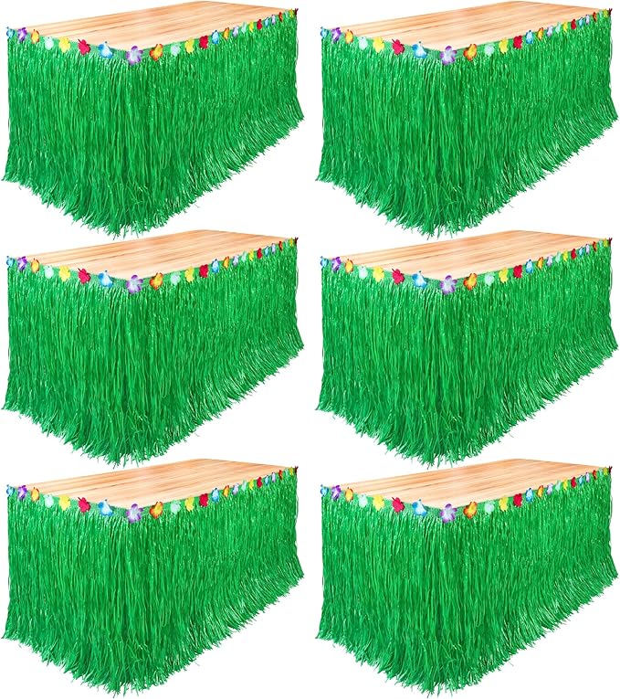 Fovths 6 Pack Luau Grass Table Skirt Natural 9 Feet x 29.5 Inch Hawaiian Table Skirt for Tropical Hawaiian Party Decorations Luau Party Costume Party, Green