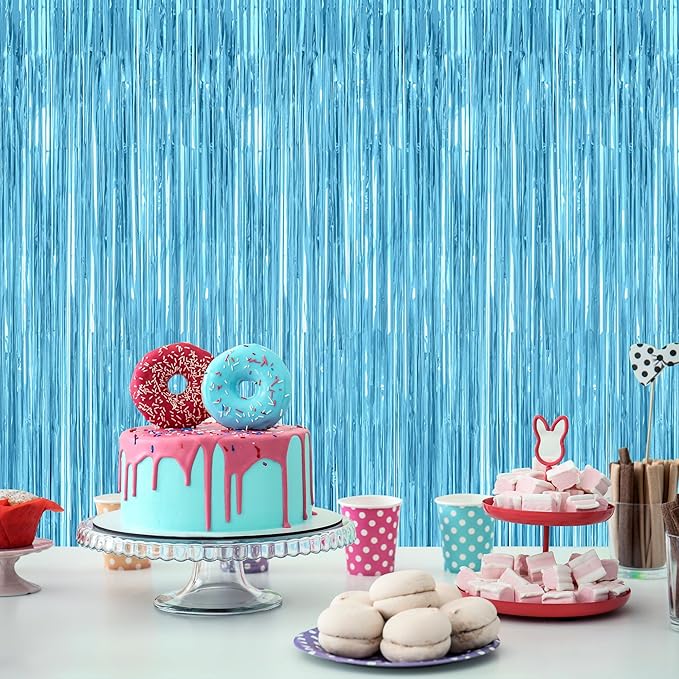 2 Pack Backdrop Curtains, 3.28 Feet x 7.05 Feet Sky Blue Tinsel Backdrop, Metallic Fringe Curtains Foil Tinsel Party Streamer, Winter Backdrop Happy Birthday Party Supplies