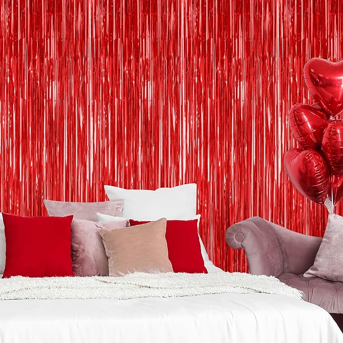 2 Pack Red Tinsel Backdrop, 3.28 FT x 7.05 FT Fringe Curtains, Red Foil Tinsel Party Streamer Backdrop Curtains, Wedding Photo Backdrop Party Decorations for Wedding Anniversaries