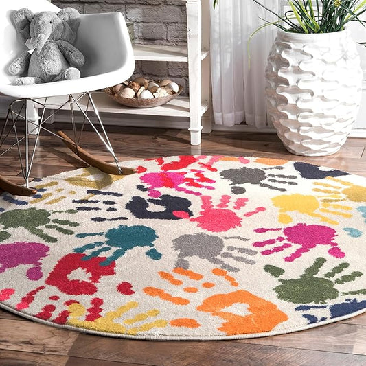 nuLOOM Pinkie Handprint Kids Area Rug, 5' Round, Multi