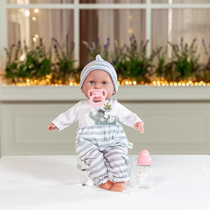 15" Realistic Soft Body Baby Doll with Open/Close Eyes | JC Toys - Berenguer Boutique | Bottle & Pacifier | Grey | Ages 2+