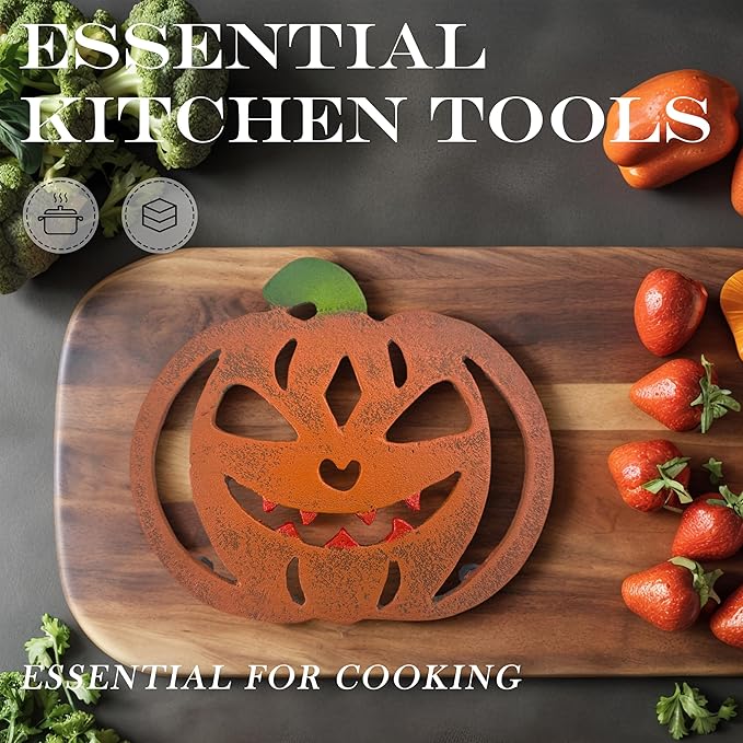 2-Pack Cast Iron Jabbering Jack Trivets for Hot Dishes - Heat Resistant Trivet for Hot Pots & Pans, Festive Pumpkin Trivets & Pumpkin Kitchen Decor (Christmas Themed)