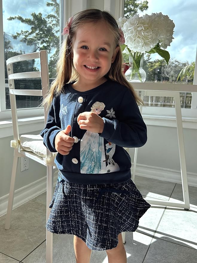 Disney Frozen Elsa Stitch Princess Moana Minnie Toddler Girl 2 Piece Outfit Kid Pearl Button Knit Top & Tweed Skirt Set 2-13Y