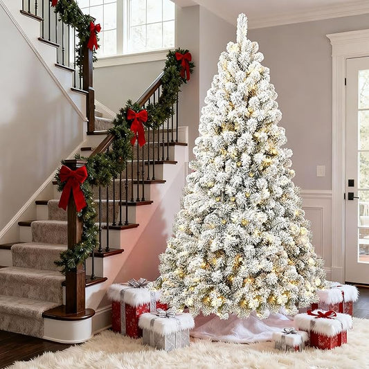 Kadunmina 8ft Pre-lit Artificial Christmas Tree, Hinged Snow Flocked Xmas Trees with 500 Incandescent Warm White Lights, 1460 Branch Tips and Metal Stand for Home, Office, Holiday Decor,Green & White