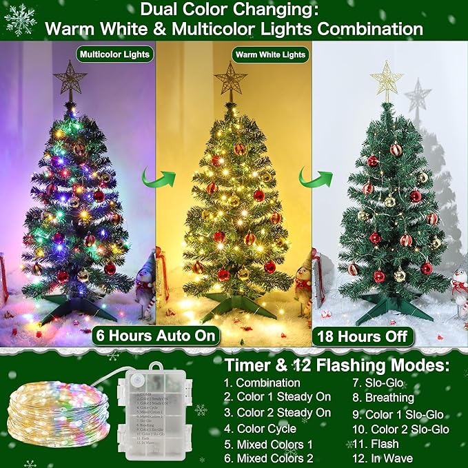 3 Ft Green Christmas Tree Tinsel Dual Color Change 12 Modes Timer DIY 50 Warm White & Colored Lights 15 Ball Ornaments Star Battery Operated Small Artificial Full Xmas Tree Table Indoor Holiday Decor