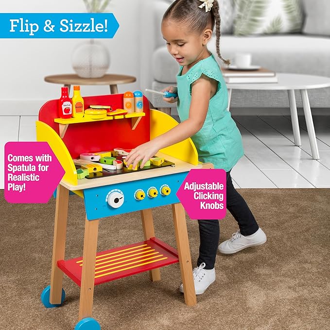 Cook 'N Grill Wooden BBQ Playset- Kids Pretend Play Wood Toy Barbeque w Food, Condiments & Grilling Tools- 30+ Pieces In All - Fun Indoor Outdoor Activity Set for Playrooms, Daycare Centers, Xmas Gift