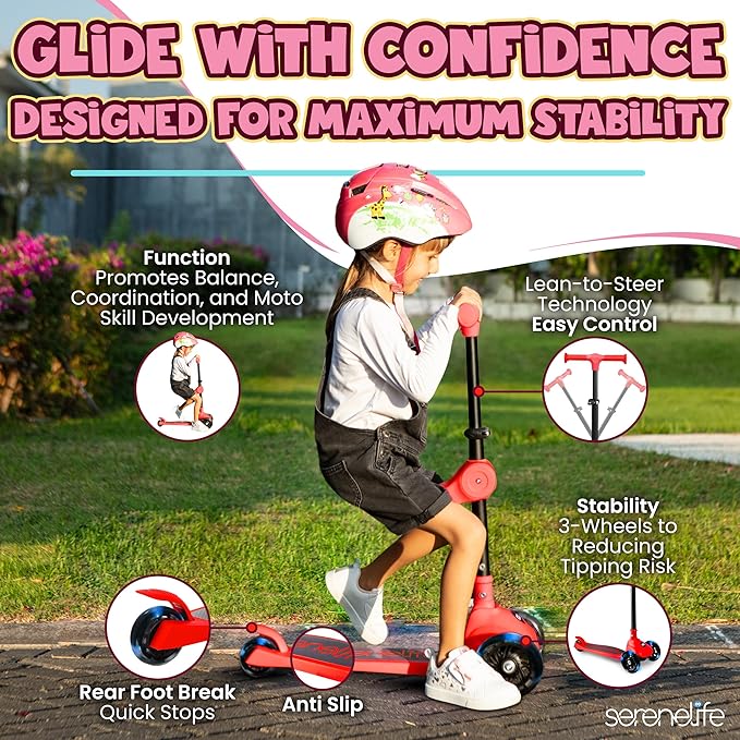 SereneLife 3 Wheel Foldable Kids Scooter - Foldable Seat, LED Wheel Lights, Adjustable Handlebar, Rear Foot Brake, Lean-to-Steer, Anti-Slip Deck, Ideal for Toddlers Kids 3+, up to 110Lbs