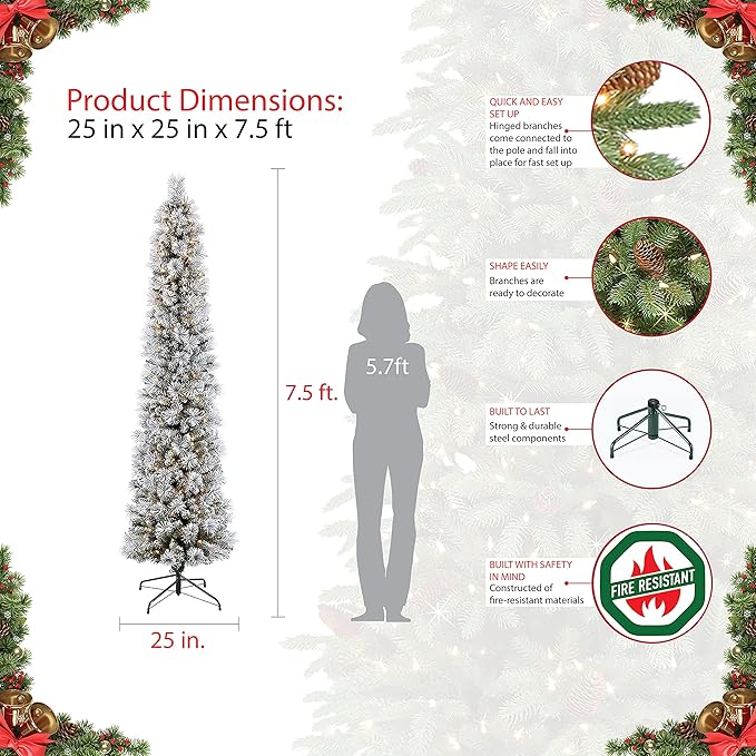 Puleo International 7.5ft Flocked Portland Pine Pencil Christmas Tree with 350 Clear Lights, 496 Realistic Dense Branch Tips, Easy Setup Artificial Trees with Sturdy Metal Stand