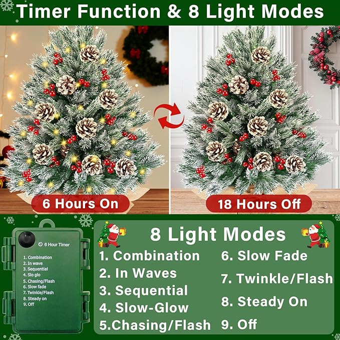 [ 8 Modes & Timer] 24 Inch Realistic Snowy Tabletop Christmas Tree Small Christmas Tree with 50 Warm Lights Battery Operated Red Berries Pine Cone Burlap Base Indoor Home Table Christmas Decorations