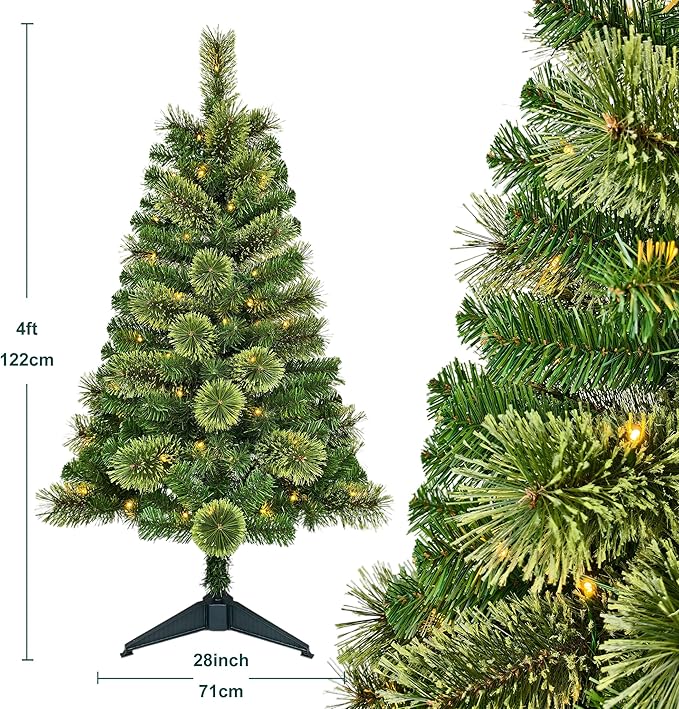 4FT Pre-Lit Artificial Christmas Tree with 70 LED Lights, 4 Light Modes, 189 Tips, PVC Cashmere Branches, Plastic Stand, Indoor Use