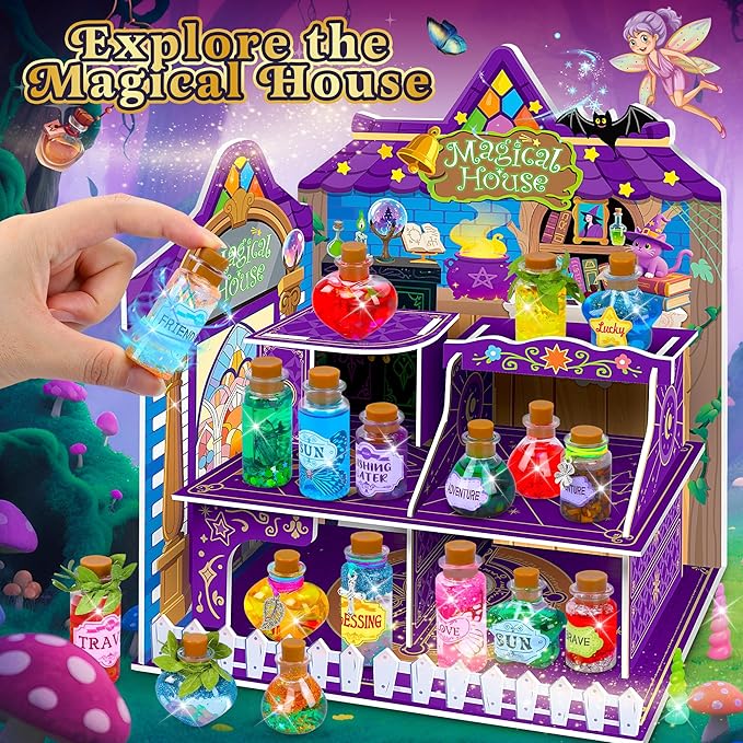 Fairy Magic Potions Kit for Kids, with DIY Magical House, 26 Mixed Magic Wizard Potion Bottles, Mystery Potions Craft Kit, Christmas Decorations Birthday Gifts for Age 6 7 8 9 10+ Year Old Girls Boys