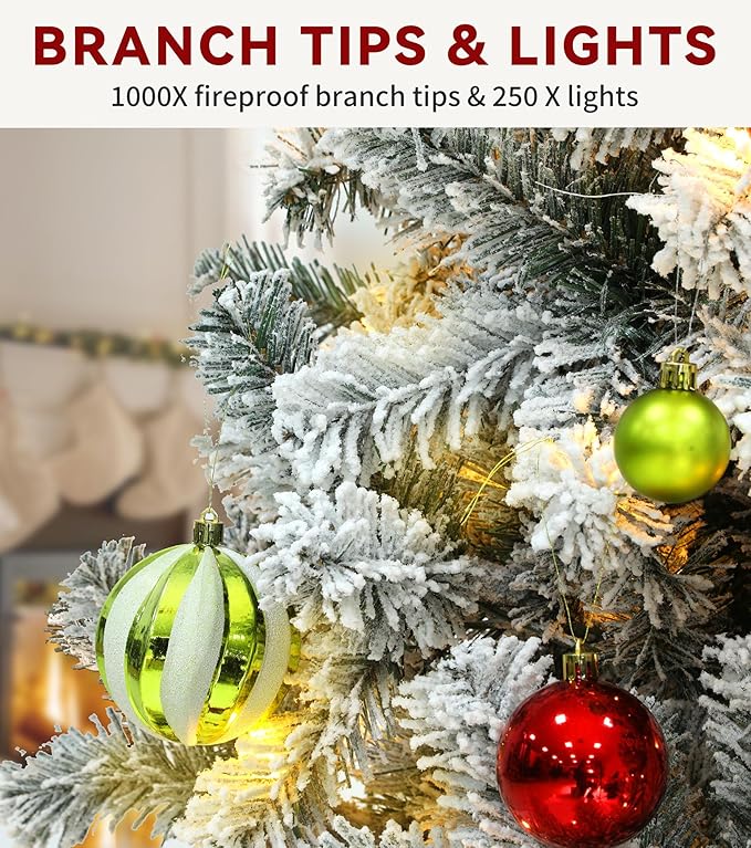 DWVO 6 ft Prelit Snow-Flocked Artificial Pine Christmas Tree, Full Xmas Tree with 250 Lights, 11 Lighting Modes, 1000 Tips, Foldable Base for Home and Party Decor with Remote Control