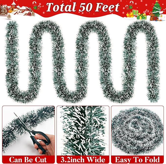50Ft Christmas Tinsel Garland Dark Green Xmas Tree Decorations Metallic Glitter Twist Garland for Christmas Tree Decorations New Year Party Birthday Holiday Supplies Indoor Outdoor Supplies