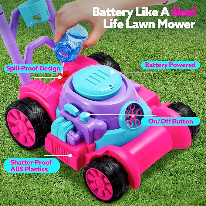 SLOOSH Bubble Lawn Mower Toddler Toys - Leak-Proof Bubble Machine Pretend and Play Gardening Toy for Indoor Outdoor Use, Push Toys Preschool Baby Boys Kids Birthday (Pink)