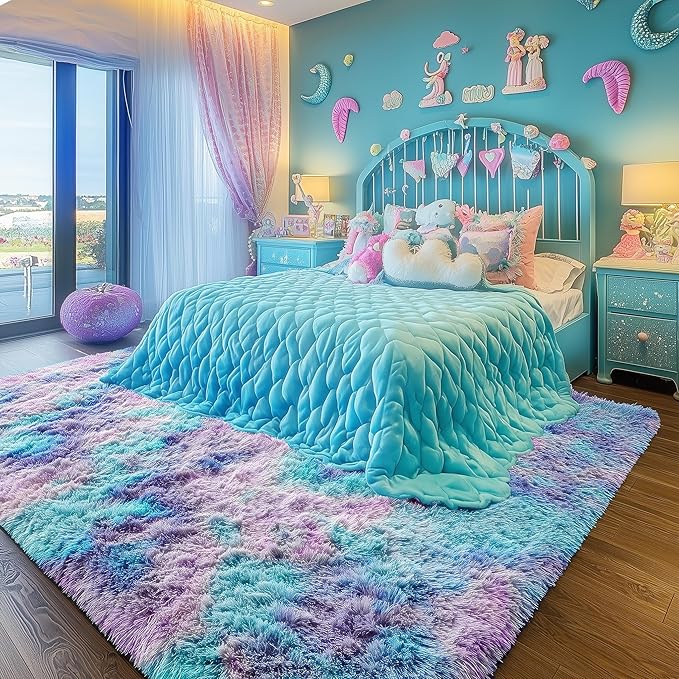 PAGISOFE Soft Purple Rainbow Rugs for Living Room, Fluffy 5x7 Area Rug, PlushCute Kawaii Rug for Bedroom Kids Room Baby Nursery, Girls Room Decor Mermaid Rugs Fuzzy Fur Pastel Carpet, Cozy Cloud Rug