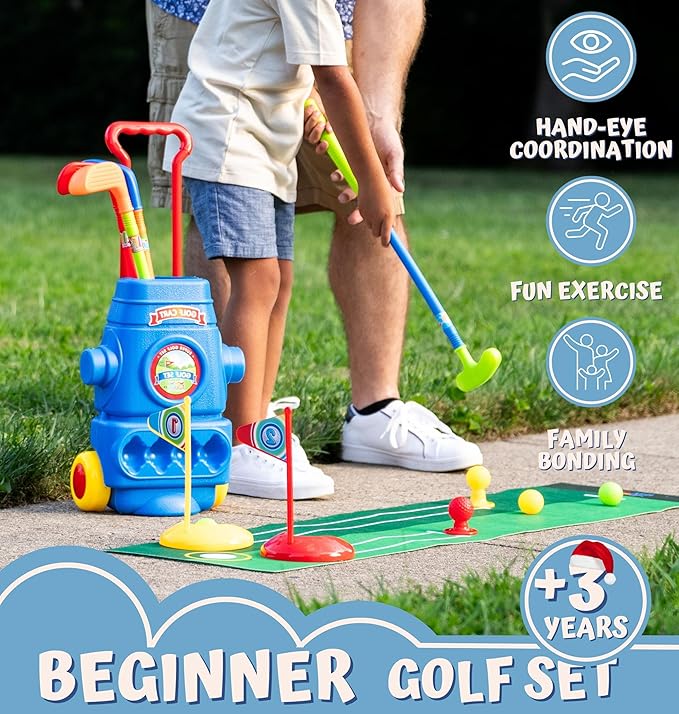 ToyVelt Toddler Golf Set - Kids Golf Clubs with 6 Balls, 4 Golf Sticks, 2 Practice Holes and a Putting Mat - Promotes Physical & Mental Development (Blue)