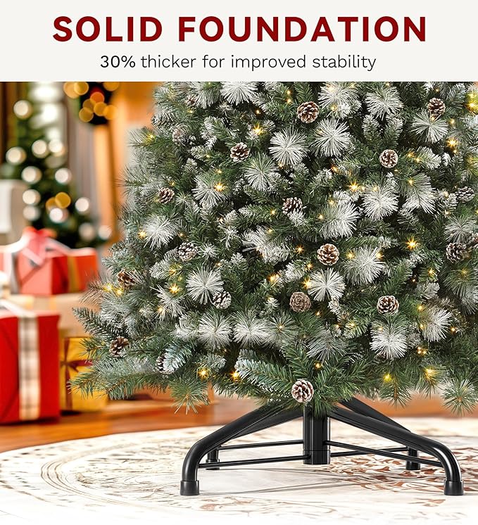 DWVO Prelit Christmas Tree 7.5ft with 77 Pine Cones & White Pine Needle, Atificial Tree with 750 LED Lights, Full Green Xmaxs Trees with 1399 Metal Hinged Branch Tips & Stand Remote Controlled