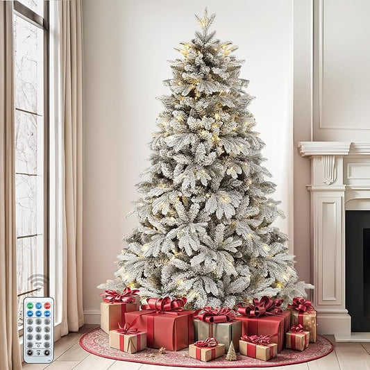 DWVO 6ft Pre-Lit Snow Flocked Artificial Christmas Tree, Luxurious Canaan Fir Design with 1225 PE & PVC Branch Tips, 260 Lights for Colorful Home and Office Holiday Decoration