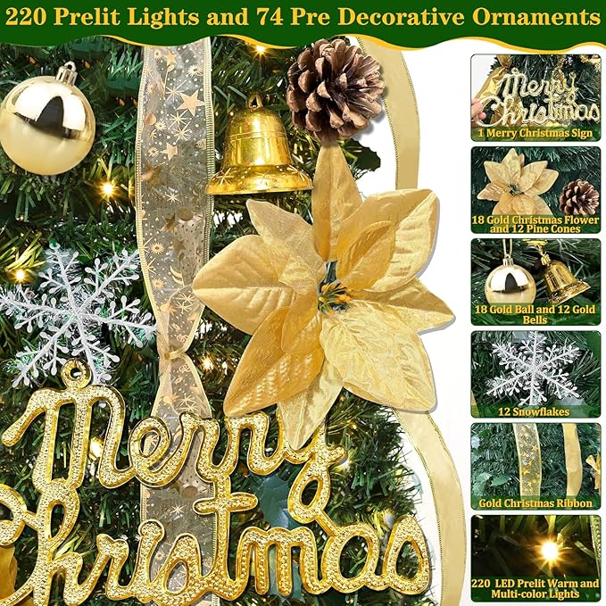 6.5Ft Prelit Fully Decorated Pop Up Christmas Tree with Lights Timer, Dual Color Change 1 Minute Christmas Tree, 220 Warm White&Colored Lights 8 Mode, 74 Ornaments Pull Up Collapsible Xmas Tree Decor