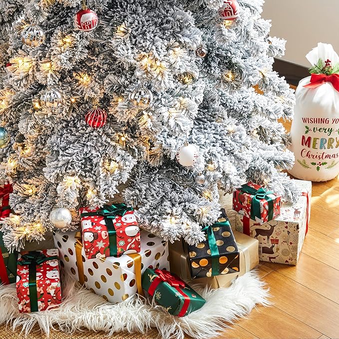 Glitzhome 9ft Pre-Lit Flocked Layered Spruce Artificial Christmas Tree, Large Elegant Snowfall Spruce Xmas Tree for Holiday New Year Home Decor