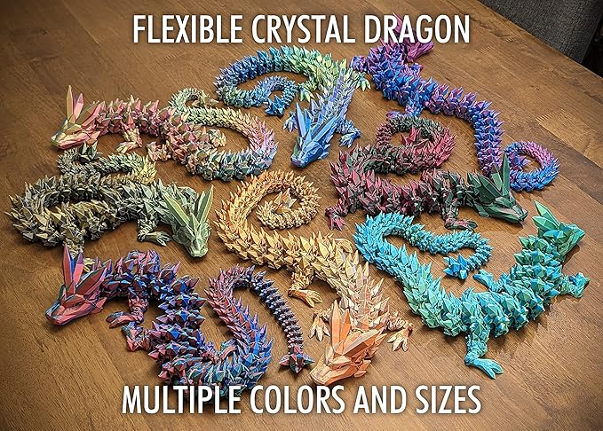 Medium 12" Articulated Crystal Dragon - Multi Color 3D Printed Plastic Dragon Figure - Rainbow Pearlescent Colors - Interlocked Body Segments and Legs (Medium 12", Dark Rainbow)